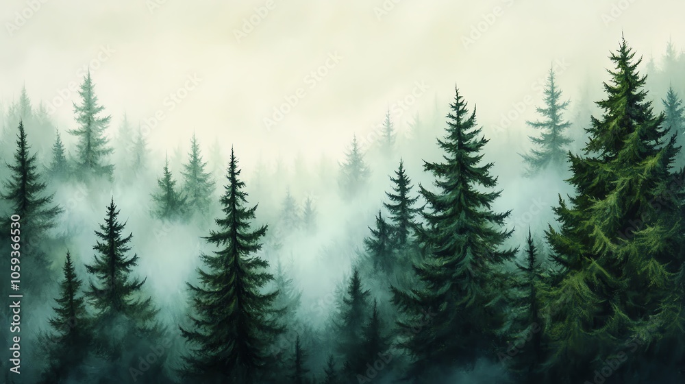 Obraz premium Mystical forest scene shrouded in fog, featuring towering evergreen trees. Perfect for nature and landscape themes.