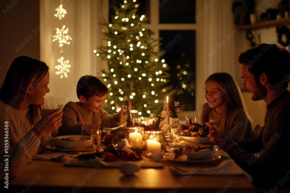 family gathered around a table with candles, enjoying a Christmas feast, minimal background with copy space