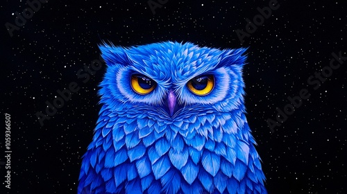 Majestic Owl: Detailed Gouache Painting of Owl in Starry Night Sky with Intricate Feather Patterns and Luminous Stars