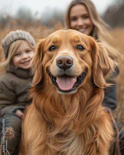 Golden Retriever with Family in Autumn background