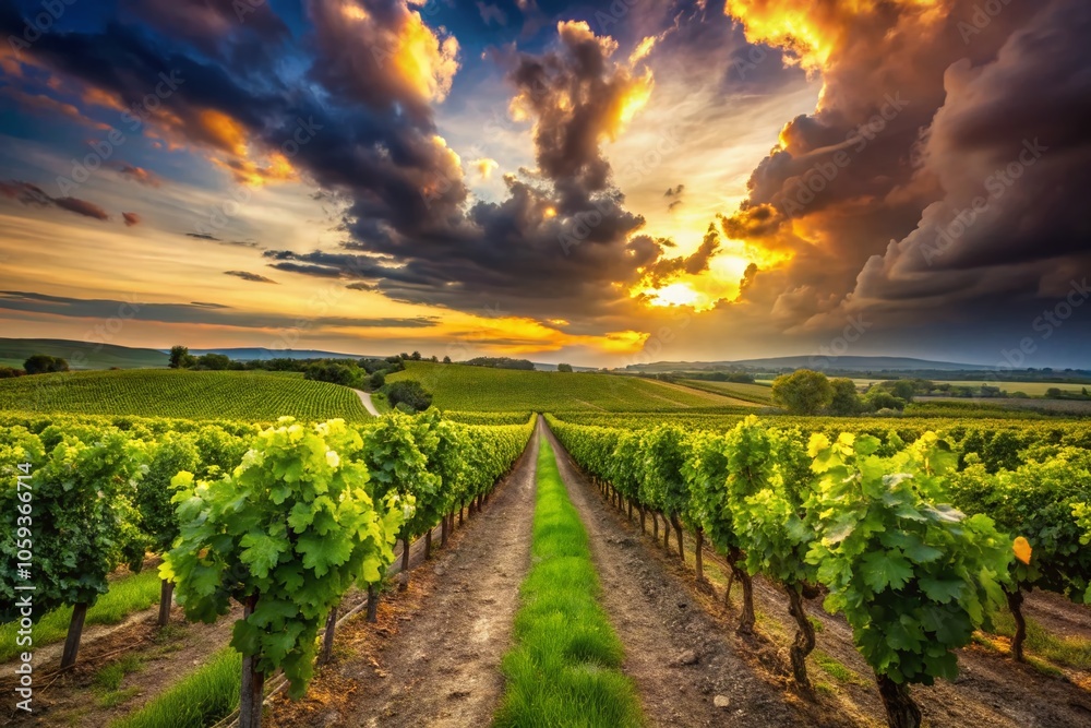 Fototapeta premium Lush Green Grape Vineyard Under Dramatic Cloudy Sky - Nature's Bounty, Agriculture, Landscape, Vineyard, Grapes, Organic Farming, Seasonal Harvest, Rural Scenery, Greenery, Cloudy Weather