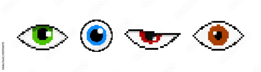 Obraz premium Pixel eyes set. Green pupil with squinted red and round blue for vibrant look and fine vector design