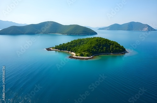 Landscape of bay with green island.