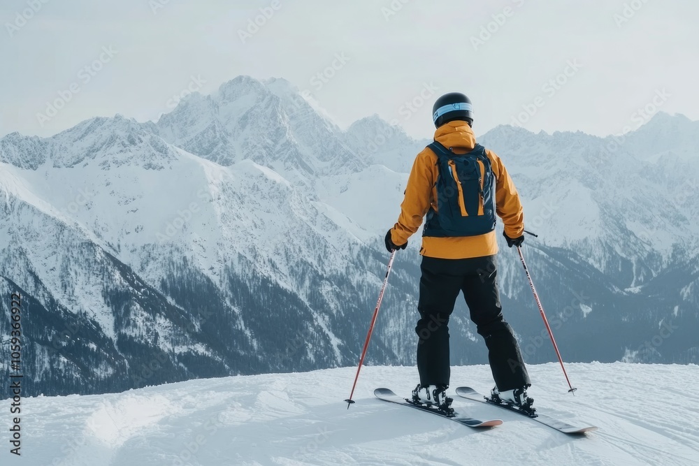 traveler skier at the top of a steep slope, looking down at the challenge ahead, snow-capped peaks in the background, minimal background with copy space traveler skier at the top of a steep slope, looking down at the challenge ahead, snow-capped peaks in the background, minimal background with copy space