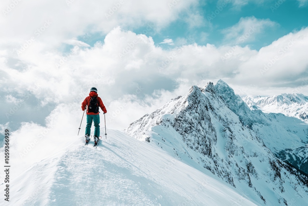 professional skier at the top of a steep slope, looking down at the challenge ahead, snow-capped peaks in the background, minimal background with copy space professional skier at the top of a steep slope, looking down at the challenge ahead, snow-capped peaks in the background, minimal background with copy space