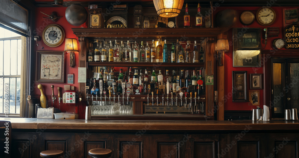 the counter bar in a cosy old english or irish pub with lots of whisky bottles in the background the counter bar in a cosy old english or irish pub with lots of whisky bottles in the background