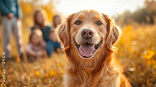 Golden Retriever with Family in Autumn background