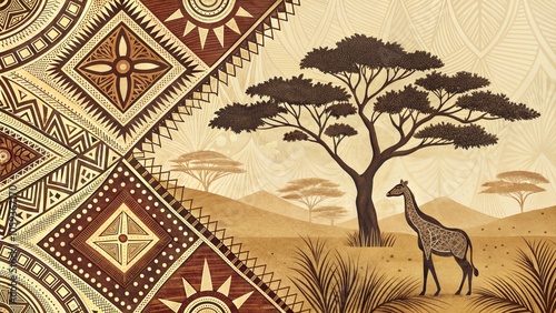 Tribal Pattern with Giraffe and Acacia Tree in African Landscape