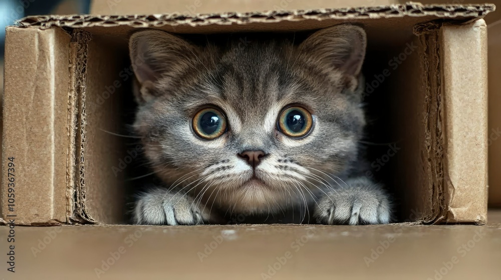 A Grey Tabby Cat Peeking Out of a Cardboard Box A Grey Tabby Cat Peeking Out of a Cardboard Box