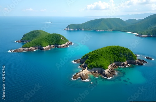 Landscape of bay with green island.