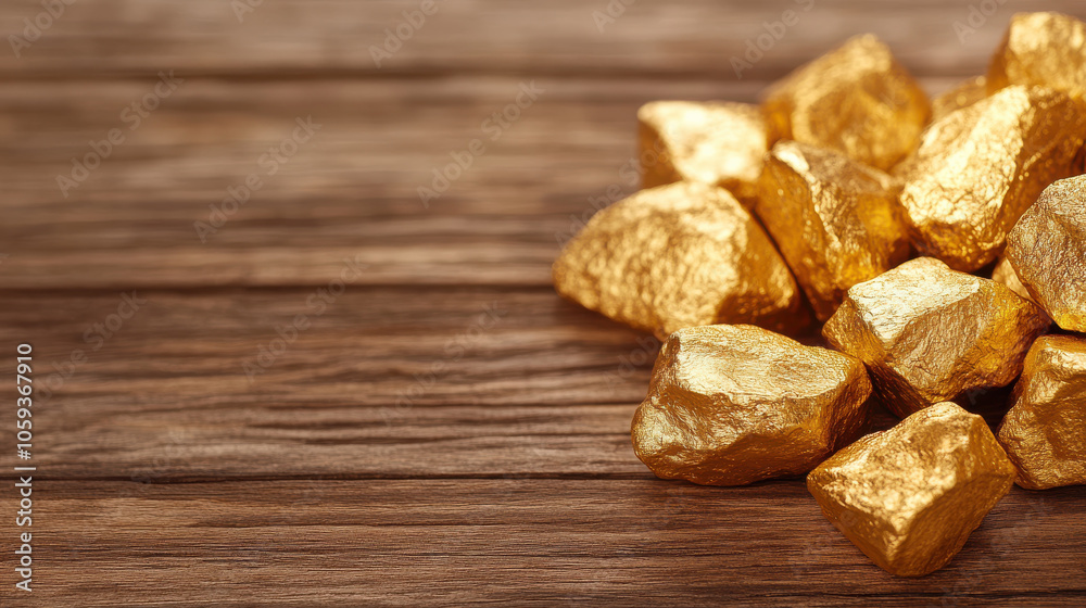 Fototapeta premium Golden nuggets on wooden surface create rich and luxurious feel