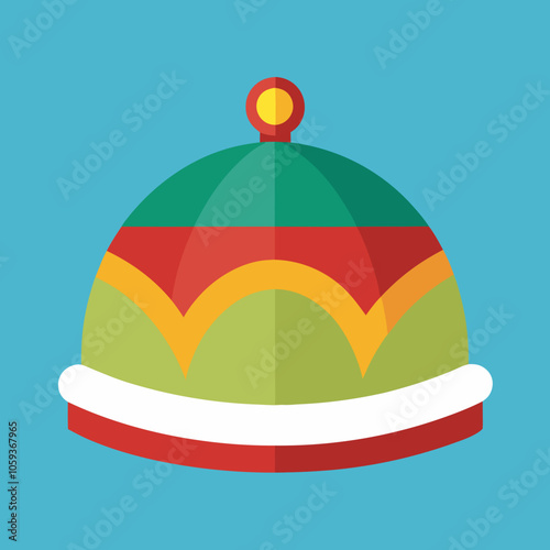 A flat design illustration of a festive Christmas hat with red, green, and yellow accents. The hat has a white brim and a yellow pom-pom on top. photo