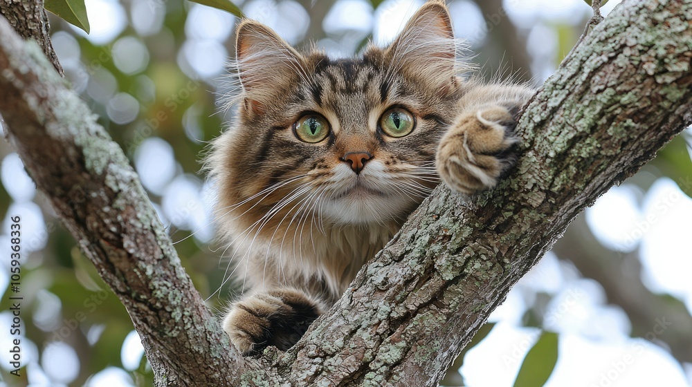 Tabby Cat Perched on a Tree Branch with Green Eyes Tabby Cat Perched on a Tree Branch with Green Eyes