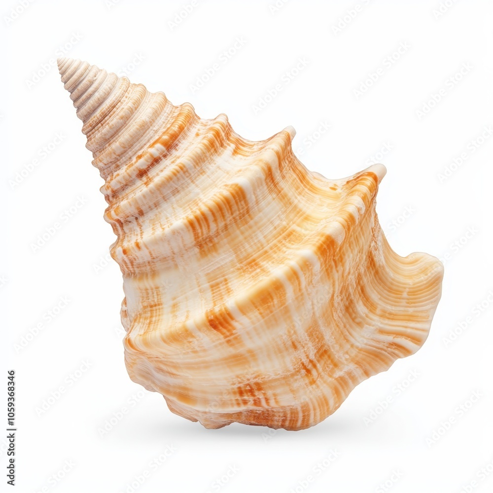 A beautifully spiraled seashell with orange and white stripes, showcasing natural patterns and textures typical of coastal finds. A beautifully spiraled seashell with orange and white stripes, showcasing natural patterns and textures typical of coastal finds.