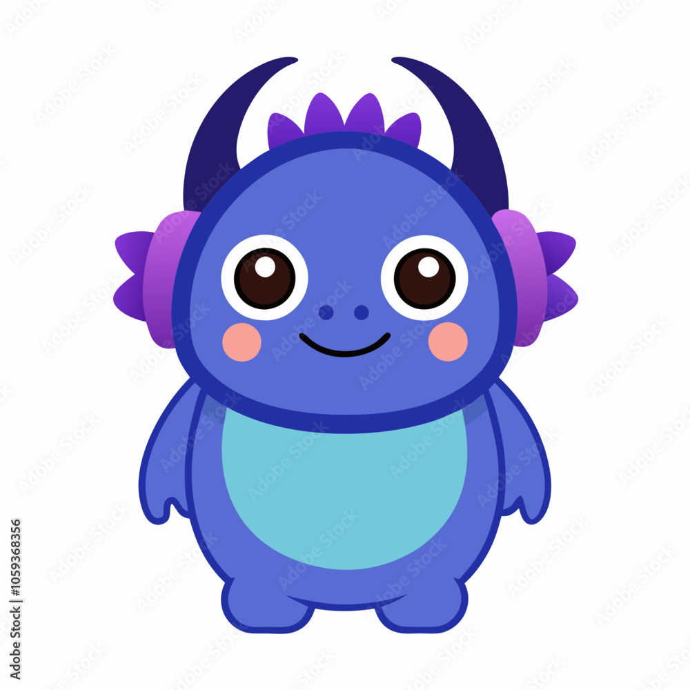 Cute little blue cartoon monster with headphones on white background Cute little blue cartoon monster with headphones on white background