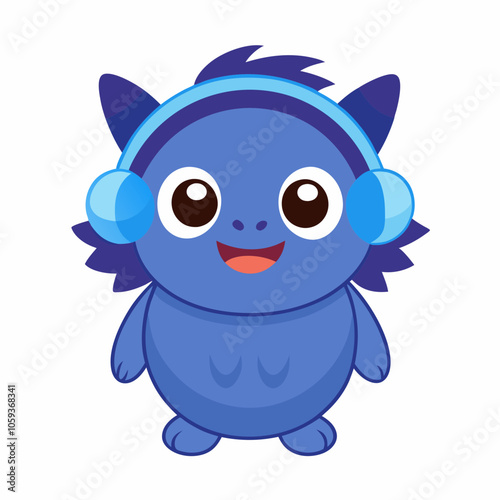 Cute little blue cartoon monster with headphones on white background