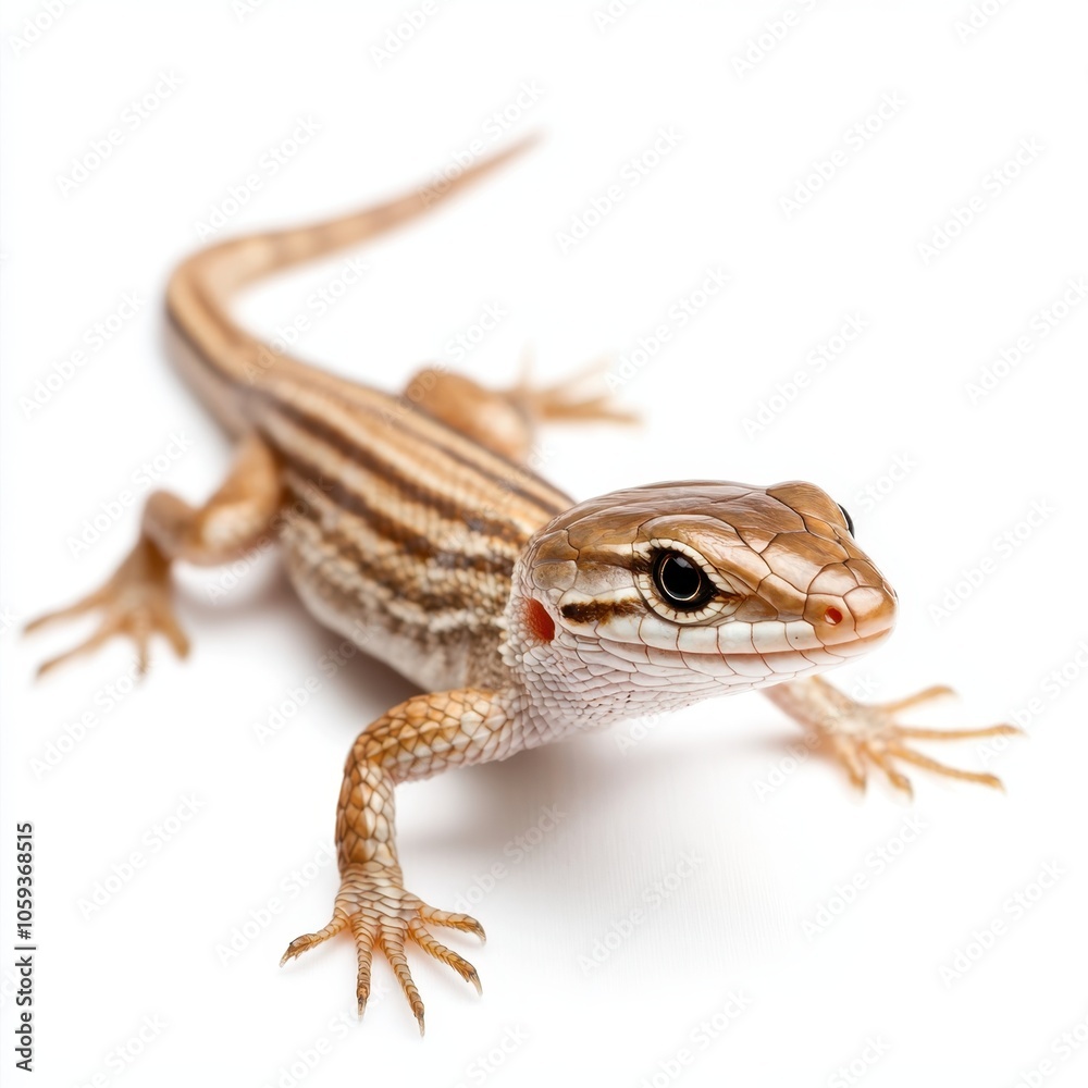 Naklejka premium A small, striped lizard crawls on a white surface, showcasing its detailed scales and alert expression.