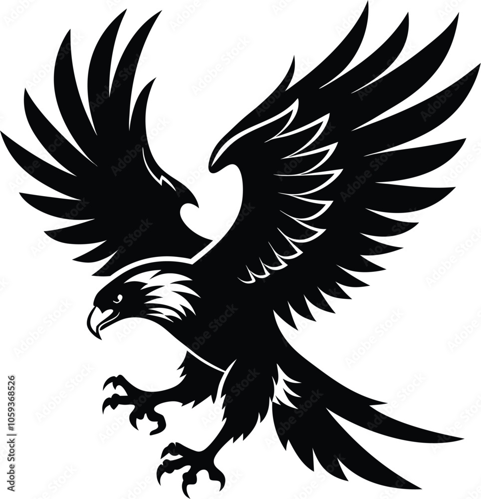 Obraz premium Vector silhouette of flying Eagle an white background 