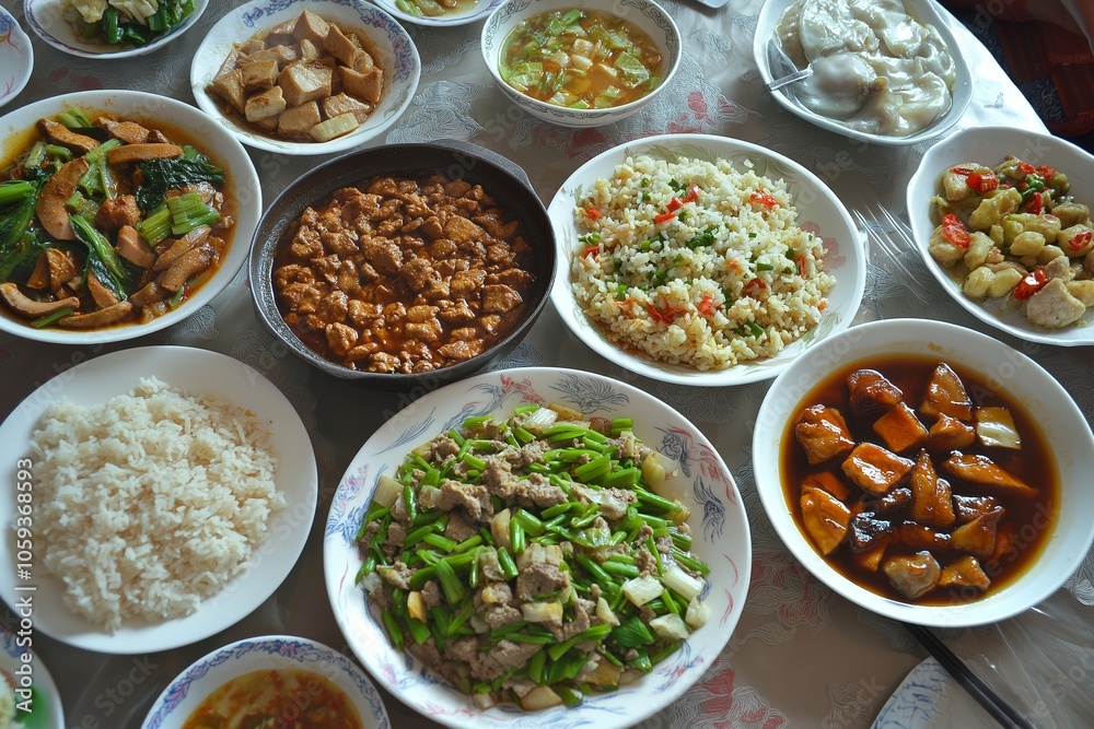 Assortment of Chinese dishes with bowls of rice, meats, and vegetables on a decorated table. Assortment of Chinese dishes with bowls of rice, meats, and vegetables on a decorated table.
