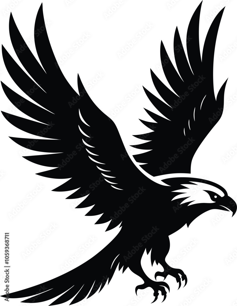 Obraz premium Vector silhouette of flying Eagle an white background 
