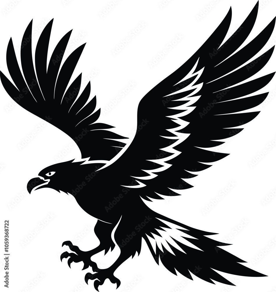 Obraz premium Vector silhouette of flying Eagle an white background 
