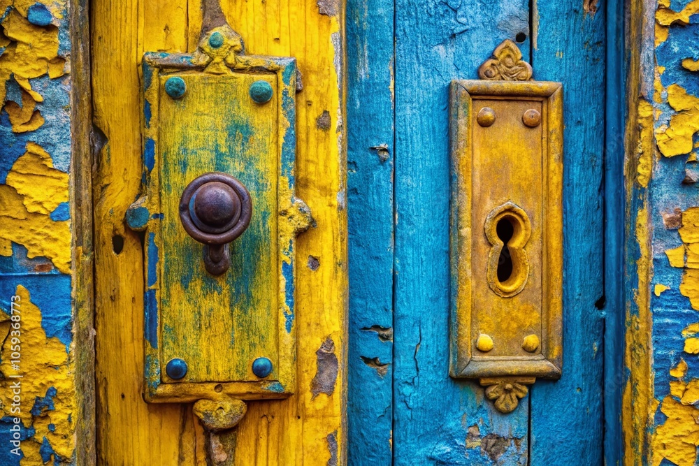 Macro Photography of a Historic Yellow Door with Blue Keyhole in ParatyMirim, Rio de Janeiro – Capturing Architectural Details and Vibrant Colors of Brazil's Heritage