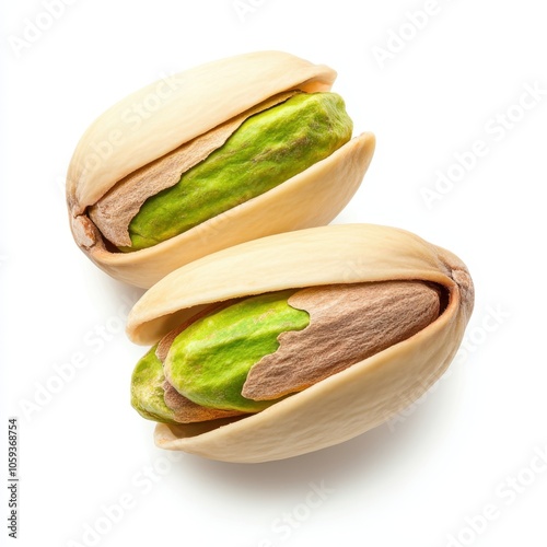 Two pistachios in their shells, showcasing the vibrant green nut inside. photo