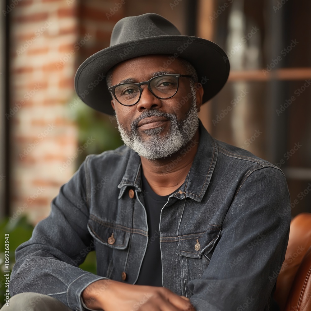 A man wearing glasses and a stylish hat sits casually in a relaxed environment, exuding quiet confidence. A man wearing glasses and a stylish hat sits casually in a relaxed environment, exuding quiet confidence.