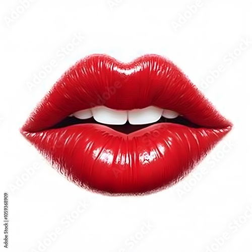 Red Lips with Glossy Lipstick Isolated on White Background