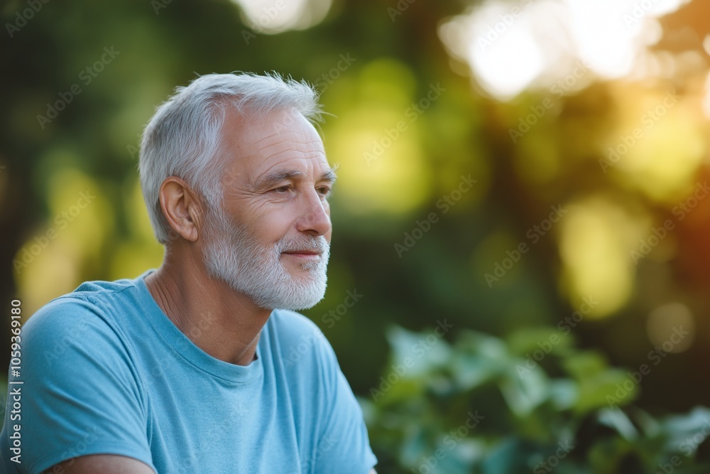 An elderly man with a beard, wearing blue, sits peacefully amidst greenery. An elderly man with a beard, wearing blue, sits peacefully amidst greenery.