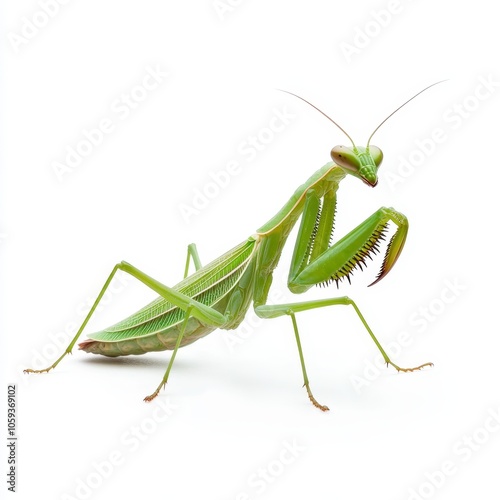 A vibrant green mantis with elongated body and distinctive folded forelegs, poised in a striking stance against a plain background.