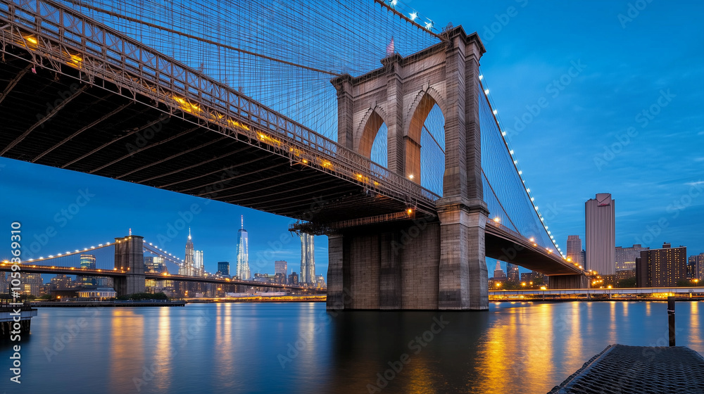 Fototapeta premium Close-Up View of Brooklyn Bridge at Dusk with Glowing City Lights