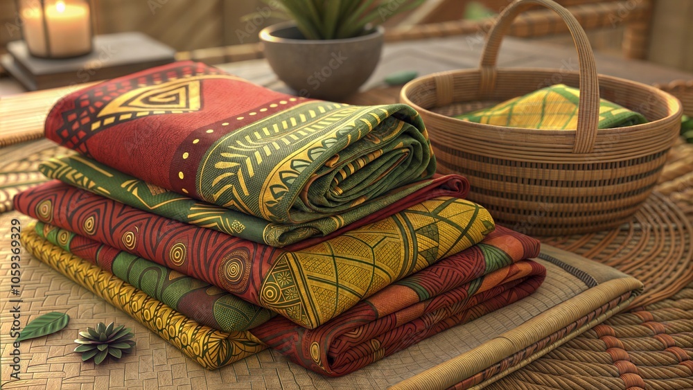 Stack of African-inspired folded textiles with basket and decor Stack of African-inspired folded textiles with basket and decor