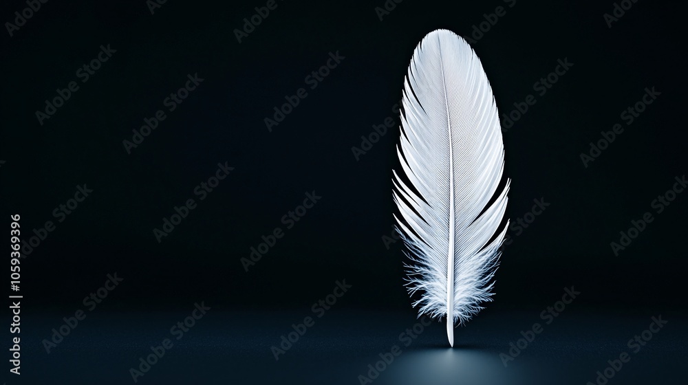 Delicate White Feather on Black Background with Ethereal Lighting in Macro Close-Up Delicate White Feather on Black Background with Ethereal Lighting in Macro Close-Up