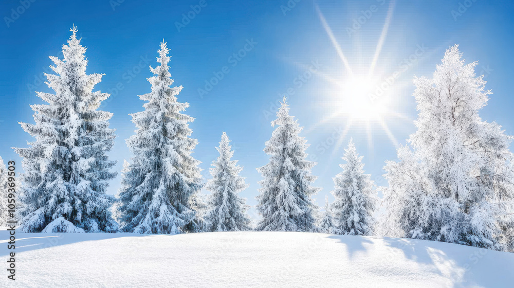 Fototapeta premium Snow covered pine trees glowing under winter sun create serene landscape