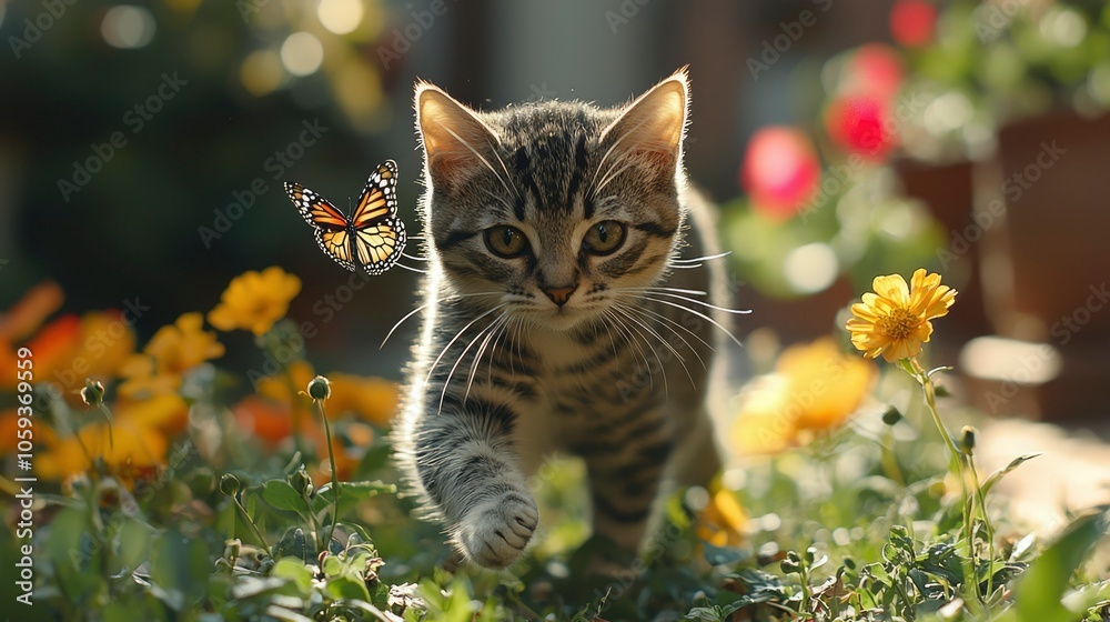 A Curious Kitten Observing a Butterfly in a Garden of Flowers A Curious Kitten Observing a Butterfly in a Garden of Flowers