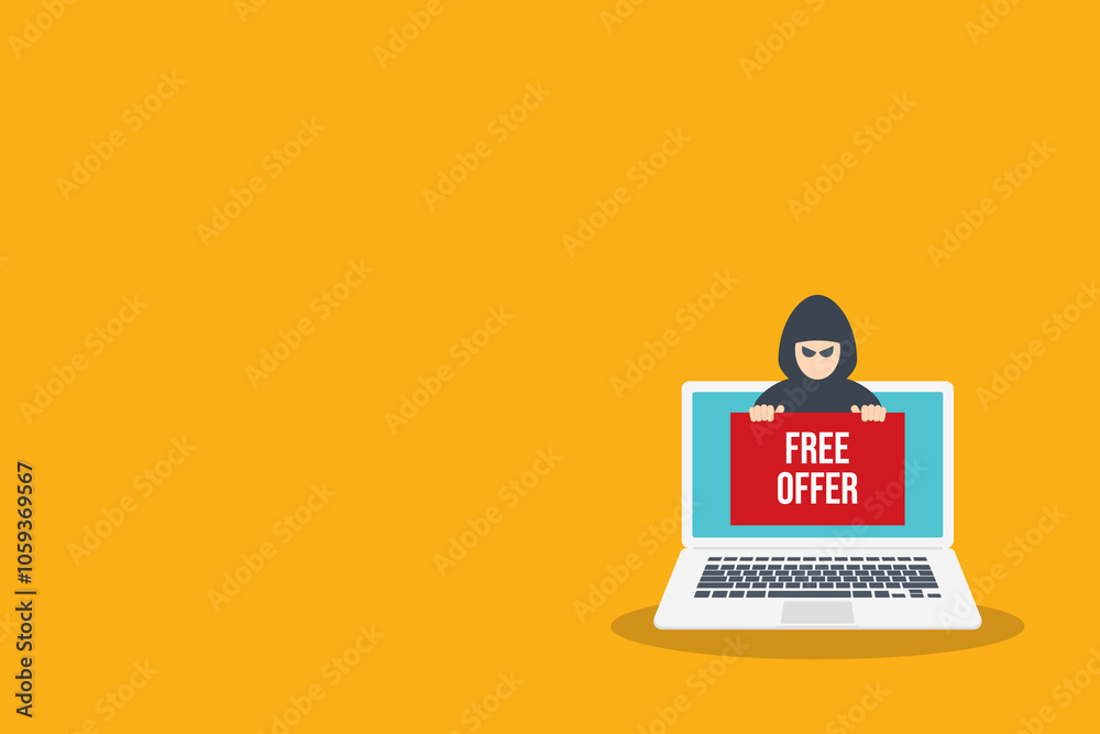 Hacker holding free offer message banner. Hacking concept.
Hacker holding free offer message banner. Hacking concept.