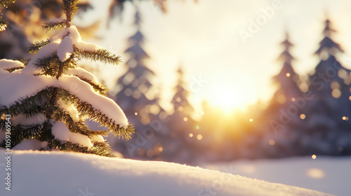 Snow covered pine trees glowing under winter sun create serene atmosphere