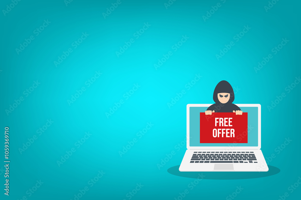 Hacker holding free offer message banner. Hacking concept.
Hacker holding free offer message banner. Hacking concept.