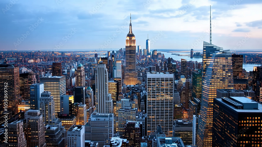 Naklejka premium Night View of Midtown Manhattan with Illuminated Skyscrapers
