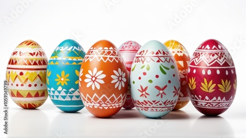 Colorful decorated Easter eggs arranged in a row, showcasing festive designs and patterns.