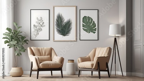 High resolution living room interior image design template with colour sofa and photo frames on the wall