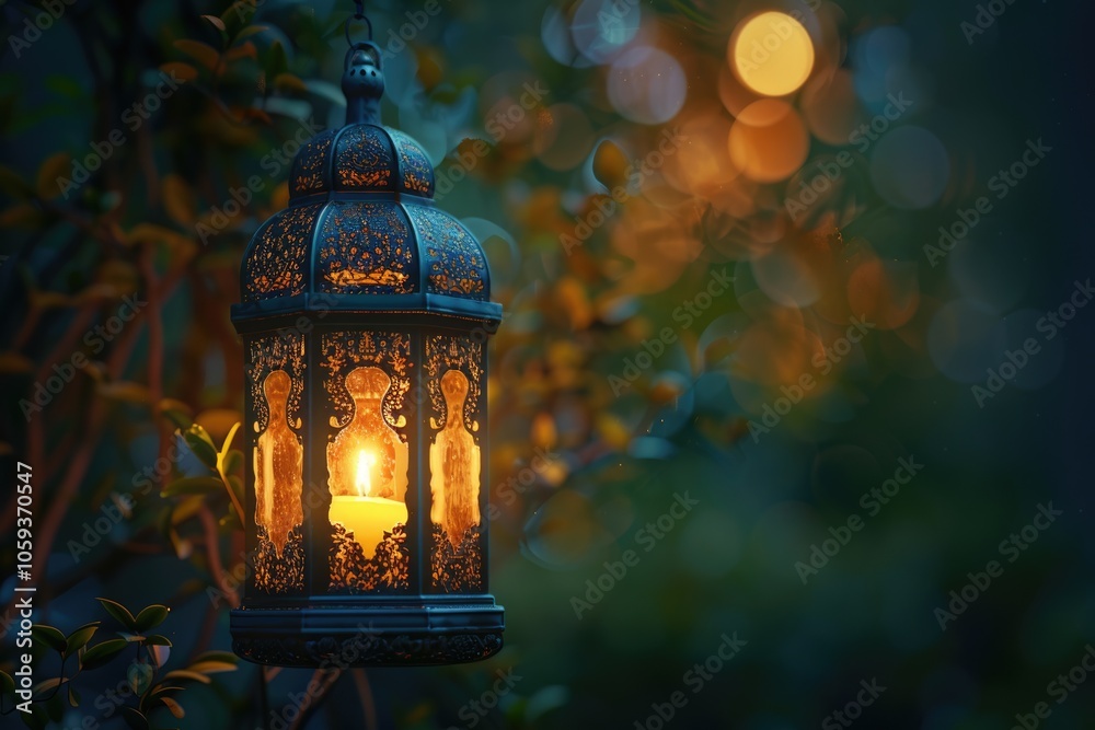 Arabic lantern with candle for Ramadan celebration.