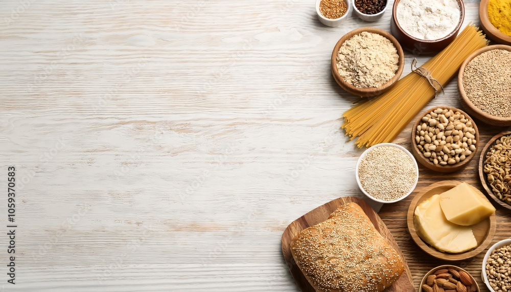 Various grains, pasta, bread, cheese, and nuts arranged on white wooden table, creating balanced composition with copy space Various grains, pasta, bread, cheese, and nuts arranged on white wooden table, creating balanced composition with copy space