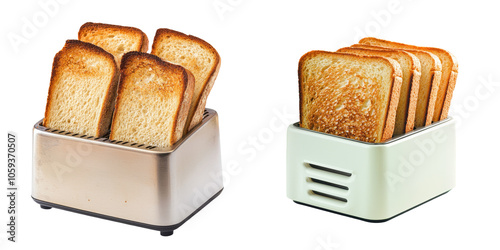 Two Toasters with Toasted Bread Slices on White Background