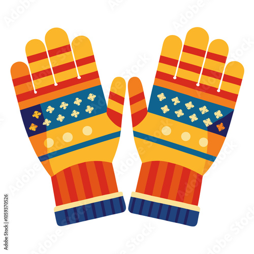 A pair of colorful woolen gloves vector illustration, featuring warm winter accessories in bold shades, suitable for seasonal and holiday-themed graphics.