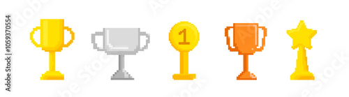 Pixel gold cups trophies with star and one set. Award 8bit prize for first places in sports and office games as symbol of champion and celebration of vector victory