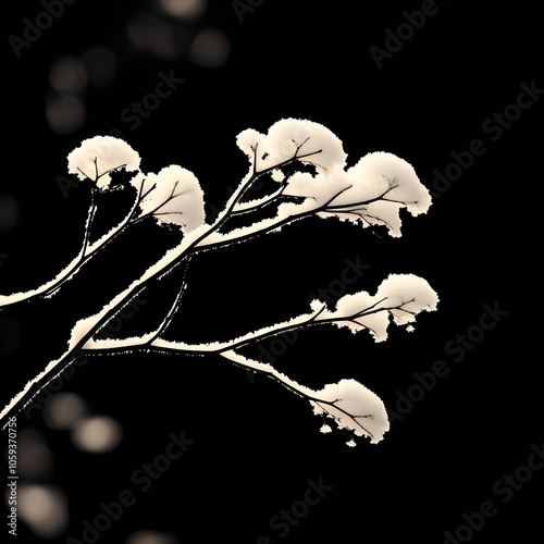 A branch with many forks and snow on it is very simple and can be used for secondary creation. photo