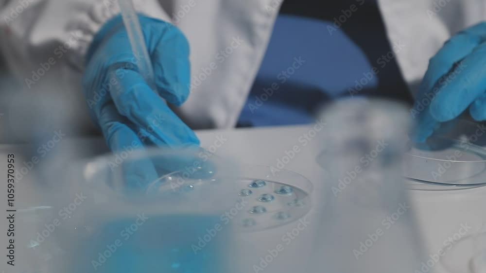Biochemistry, scientist pipetting a sample into a test tube during an experiment in the lab. Biochemistry, scientist pipetting a sample into a test tube during an experiment in the lab.