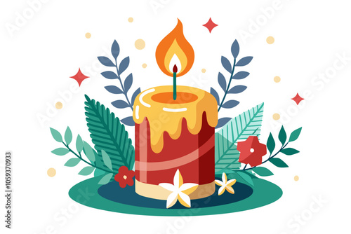 Illustration of a holiday candle with green decorations, ideal for winter holiday themes.